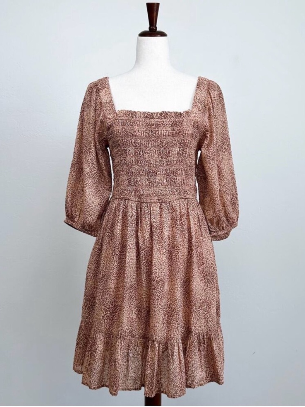 Jessica Simpson Bohemian Leopard Print Ruched Smocked Square Neck Mini Dress NWT